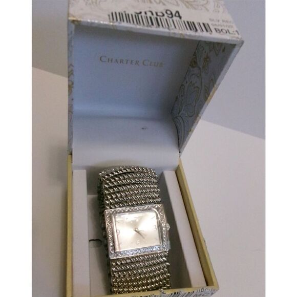 50 Charter club silvertone rectangle chunky wide stretch CZ bracelet watch - Picture 1 of 2